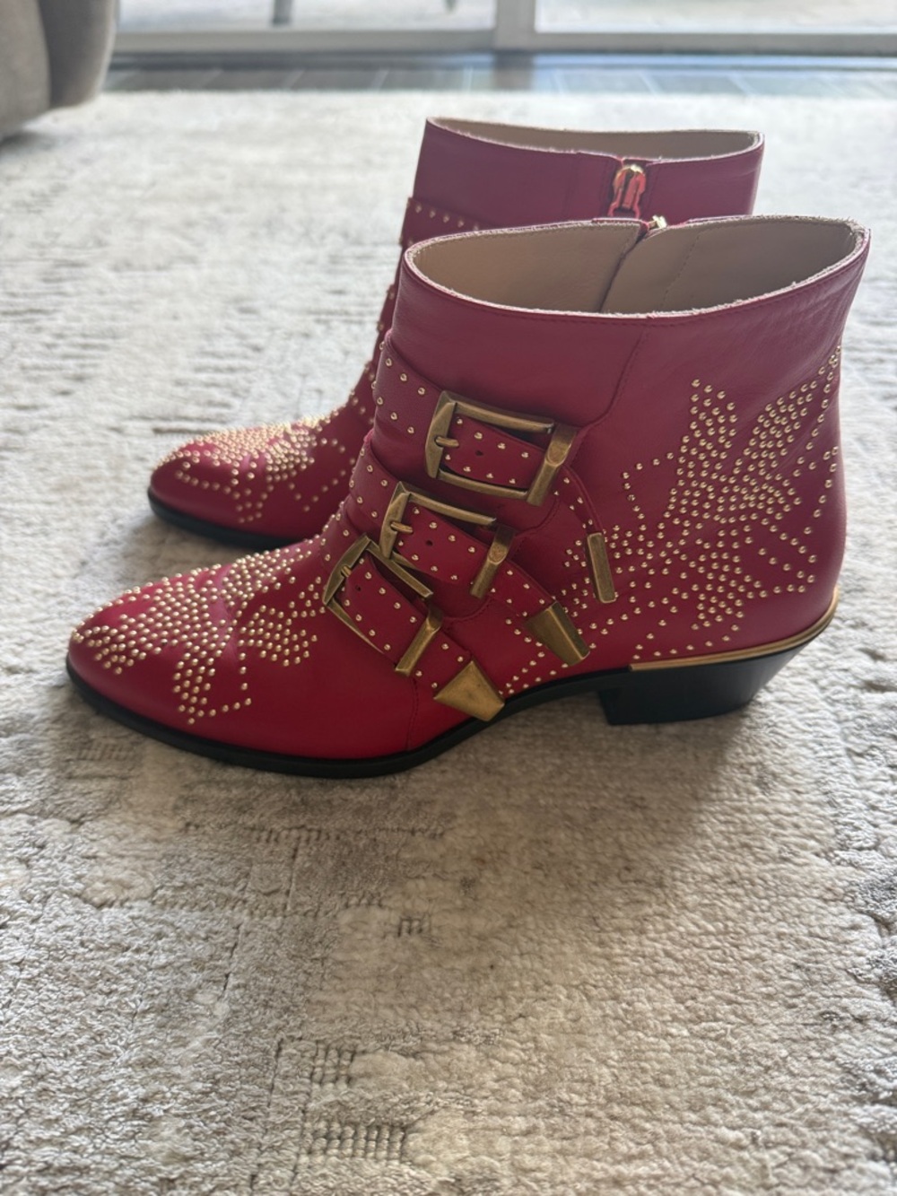 Chloe Red Leather Studded Ankle Booties with Triple Buckles